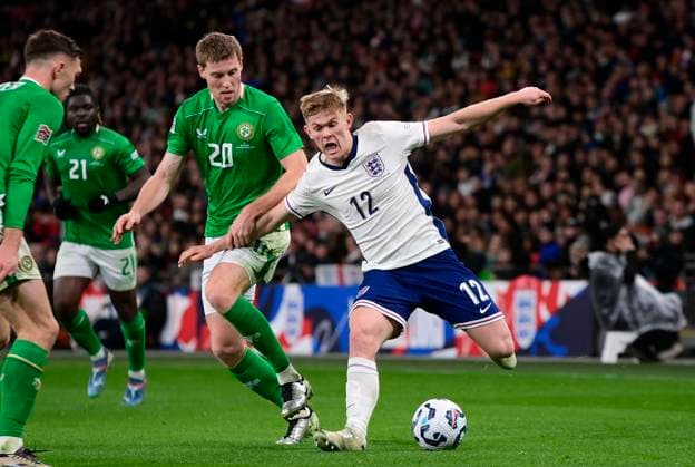 England v Republic of Ireland, London, UK - 17 Nov 2024 Lewis Hall of England challenges for the ball with Mark McGuinness of Republic of Ireland during the UEFA Nations League match between England and Republic of Ireland on 17th November 2024 at Wembley Stadium, London London Wembley Stadium London GBR Copyright: xFrankiexOKeeffe PPAUKx PPA-149237