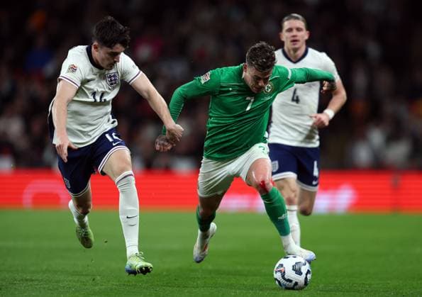Sammie Szmodics of Republic of Ireland with Tino Livramento of England England v Rep. of Ireland - UEFA Nations League - League B - Group 2. Football. Wembey Stadium, London. UK. 17 NOV 2024 Editorial use only  Copyright: xJASONPIX Shutterstockx 14915934g