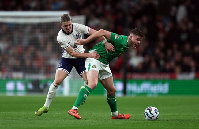 Evan Ferguson of Republic of Ireland with Connor Gallagher of England England v Rep. of Ireland - UEFA Nations League - League B - Group 2. Football. Wembey Stadium, London. UK. 17 NOV 2024 Editorial use only  Copyright: xJASONPIX Shutterstockx 14915934h