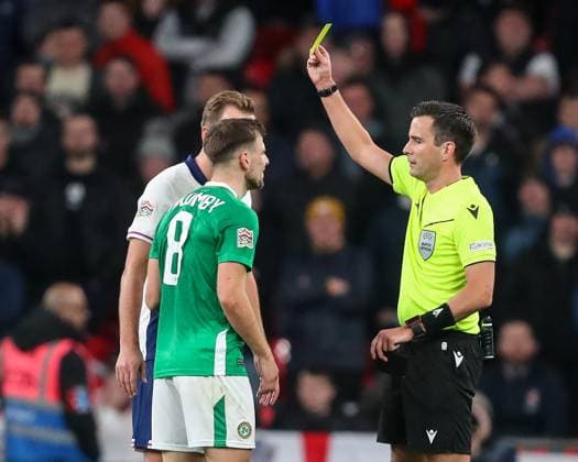 UEFA Nations League, League B - Group 2 England v Republic of Ireland Referee Erik Lambrechts gives Harry Kane of England and Jayson Molumby of Republic of Ireland a yellow card during the UEFA Nations League, League B - Group 2 match England vs Republic of Ireland at Wembley Stadium, London, United Kingdom, 17th November 2024 (Photo by Gareth Evans News Images) London Wembley Stadium Greater London United Kingdom Copyright: xGarethxEvans NewsxImagesx