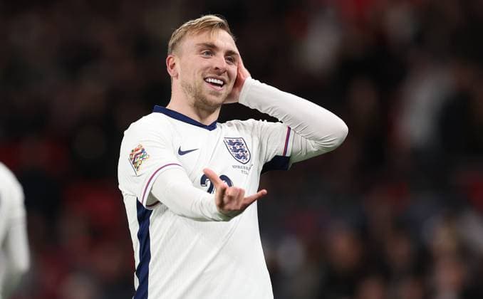London, England, 17th November 2024. Jarrod Bowen of England celebrates after scoring to make it 4-0 during the UEFA Nations League match at Wembley Stadium, London. Picture credit should read: Paul Terry Sportimage EDITORIAL USE ONLY. No use with unauthorised audio, video, data, fixture lists, club league logos or live services. Online in-match use limited to 120 images, no video emulation. No use in betting, games or single club league player publications. SPI-3458-0031