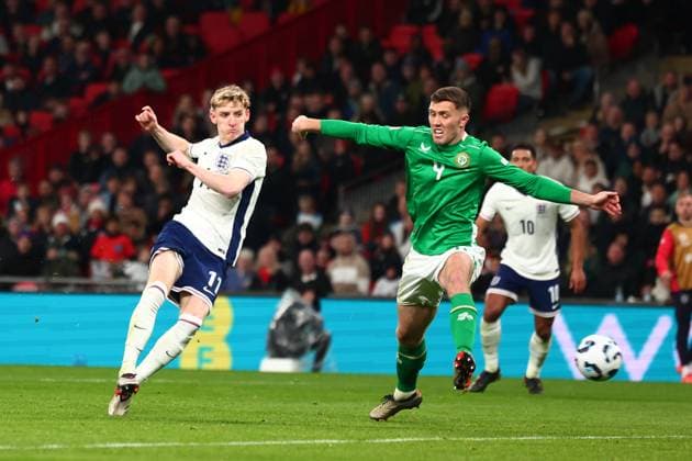17th November 2024; Wembley Stadium, London, England; Nations League, League B, Group 2 International Football, England versus Republic of Ireland; Anthony Gordon of England shoots and scores for 2-0 in the 55th minute  ActionPlus12716762 ShaunxBrooks
