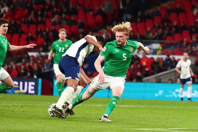 17th November 2024; Wembley Stadium, London, England; Nations League, League B, Group 2 International Football, England versus Republic of Ireland; Liam Scales of Republic of Ireland fouls Jude Bellingham of England and gives away a penalty in the 52nd minute and is sent off for a 2nd yellow card  ActionPlus12716768 ShaunxBrooks