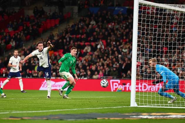 17th November 2024; Wembley Stadium, London, England; Nations League, League B, Group 2 International Football, England versus Republic of Ireland; Taylor Harwood-Bellis of England wins the header and scores for 5-0 in the 79th minute  ActionPlus12716776 ShaunxBrooks