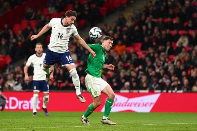 17th November 2024; Wembley Stadium, London, England; Nations League, League B, Group 2 International Football, England versus Republic of Ireland; Taylor Harwood-Bellis of England wins the header and scores for 5-0 in the 79th minute  ActionPlus12716777 ShaunxBrooks