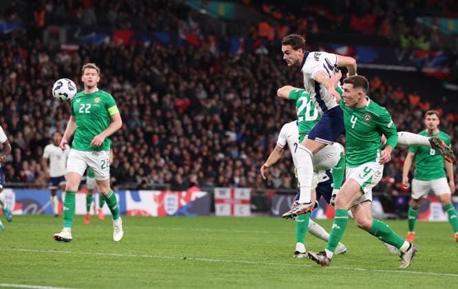 London, England, 17th November 2024. Taylor Harwood-Bellis of England scores to make it 5-0 during the UEFA Nations League match at Wembley Stadium, London. Picture credit should read: Paul Terry Sportimage EDITORIAL USE ONLY. No use with unauthorised audio, video, data, fixture lists, club league logos or live services. Online in-match use limited to 120 images, no video emulation. No use in betting, games or single club league player publications. SPI-3458-0034