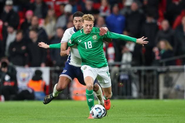 UEFA Nations League, League B - Group 2 England v Republic of Ireland Kasey McAteer of Republic of Ireland is fouled by Jude Bellingham of England during the UEFA Nations League, League B - Group 2 match England vs Republic of Ireland at Wembley Stadium, London, United Kingdom, 17th November 2024 (Photo by Gareth Evans News Images) London Wembley Stadium Greater London United Kingdom Copyright: xGarethxEvans NewsxImagesx