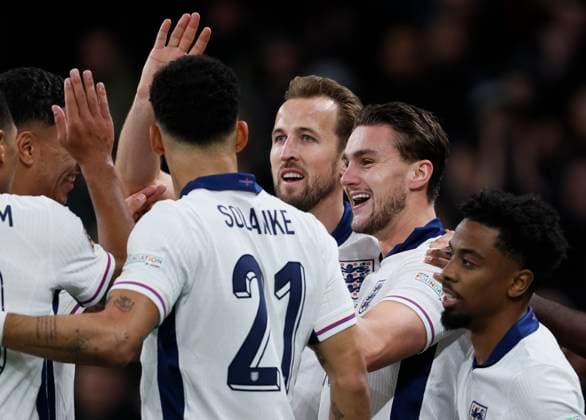 England v Republic of Ireland - UEFA Nations League 2024 25 League B Group B2 Harry Kane Taylor Harwood-Bellis and Angel Gomes of England celebrate 5th goal during the UEFA Nations League 2024 25 League B Group B2 match between England and Republic of Ireland at Wembley Stadium on November 17, 2024 in London, England. London Wembley Stadium England United Kingdom Copyright: xRichardxSellers Sportsphoto APLx 14052474