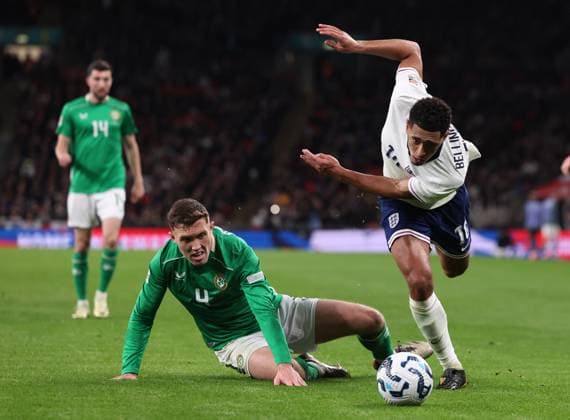 London, England, 17th November 2024. Dara O Shea of Republic of Ireland and Jude Bellingham of England challenge for the ball during the UEFA Nations League match at Wembley Stadium, London. Picture credit should read: Paul Terry Sportimage EDITORIAL USE ONLY. No use with unauthorised audio, video, data, fixture lists, club league logos or live services. Online in-match use limited to 120 images, no video emulation. No use in betting, games or single club league player publications. SPI-3458-0059