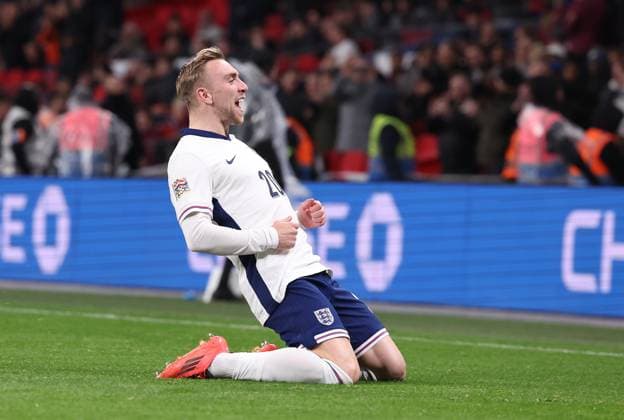 London, England, 17th November 2024. Jarrod Bowen of England celebrates after scoring to make it 4-0 during the UEFA Nations League match at Wembley Stadium, London. Picture credit should read: Paul Terry Sportimage EDITORIAL USE ONLY. No use with unauthorised audio, video, data, fixture lists, club league logos or live services. Online in-match use limited to 120 images, no video emulation. No use in betting, games or single club league player publications. SPI-3458-0068