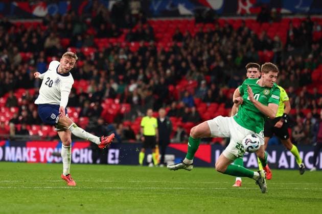 17th November 2024; Wembley Stadium, London, England; Nations League, League B, Group 2 International Football, England versus Republic of Ireland; Jarrod Bowen of England shoots on goal  ActionPlus12716806 ShaunxBrooks