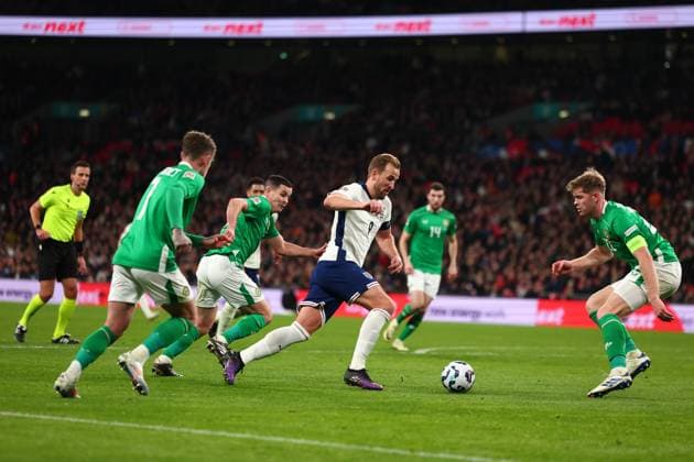 17th November 2024; Wembley Stadium, London, England; Nations League, League B, Group 2 International Football, England versus Republic of Ireland; Harry Kane of England is surrounded by Republic of Ireland players as he enters the Irish box  ActionPlus12716825 ShaunxBrooks