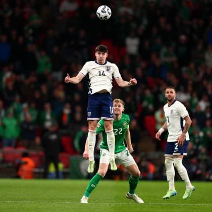 17th November 2024; Wembley Stadium, London, England; Nations League, League B, Group 2 International Football, England versus Republic of Ireland; Tino Livramento of England wins a header  ActionPlus12716848 ShaunxBrooks