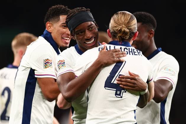 17th November 2024; Wembley Stadium, London, England; Nations League, League B, Group 2 International Football, England versus Republic of Ireland; Conor Gallagher of England celebrates his goal with Noni Madueke for 3-0 in the 58th minute  ActionPlus12716834 ShaunxBrooks