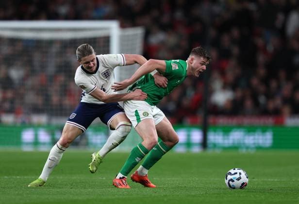 Evan Ferguson of Republic of Ireland with Connor Gallagher of England England v Rep. of Ireland - UEFA Nations League - League B - Group 2. Football. Wembey Stadium, London. UK. 17 NOV 2024 Editorial use only  Copyright: xJASONPIX Shutterstockx 14915934dv