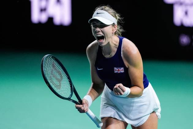 November 17, 2024, Malaga, Malaga, SPAIN: Katie Boulter of Great Britain celebrate the victory against Leylah Fernandez of Canada during tennis match between Canada and Great Britain during The Billie Jean King Cup at Martin Carpena Pavilion stadium on November 17, 2024, in Malaga, Spain Malaga SPAIN - ZUMAa181 20241117_zaa_a181_398 Copyright: xJoaquinxCorcherox