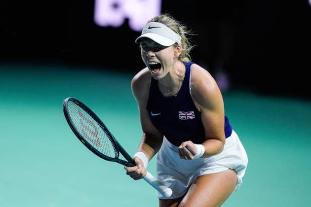 November 17, 2024, Malaga, Malaga, SPAIN: Katie Boulter of Great Britain celebrate the victory against Leylah Fernandez of Canada during tennis match between Canada and Great Britain during The Billie Jean King Cup at Martin Carpena Pavilion stadium on November 17, 2024, in Malaga, Spain Malaga SPAIN - ZUMAa181 20241117_zaa_a181_399 Copyright: xJoaquinxCorcherox