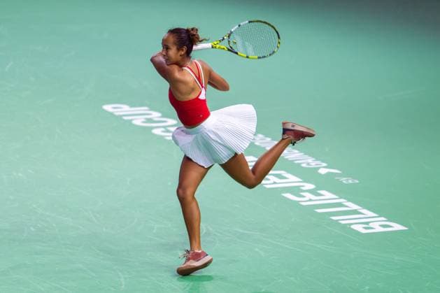 November 17, 2024, Malaga, Malaga, Spain: LEYLAH FERNANDEZ of Canada in action during match against KATIE BOULTER of Great Britain during tennis match between Canada and Great Britain during the Billie Jean King Cup 2024. Malaga Spain - ZUMAg271 20241117_znp_g271_043 Copyright: xNataliaxGarciax