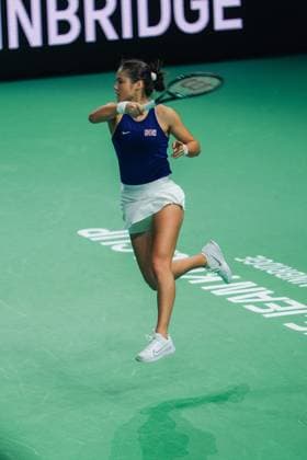 November 17, 2024, Malaga, Malaga, Spain: EMMA RADUCANU of Great Britain in action against REBECCA MARINO of Canada during tennis match between Canada and Great Britain during the Billie Jean King Cup 2024. Malaga Spain - ZUMAg271 20241117_znp_g271_045 Copyright: xNataliaxGarciax