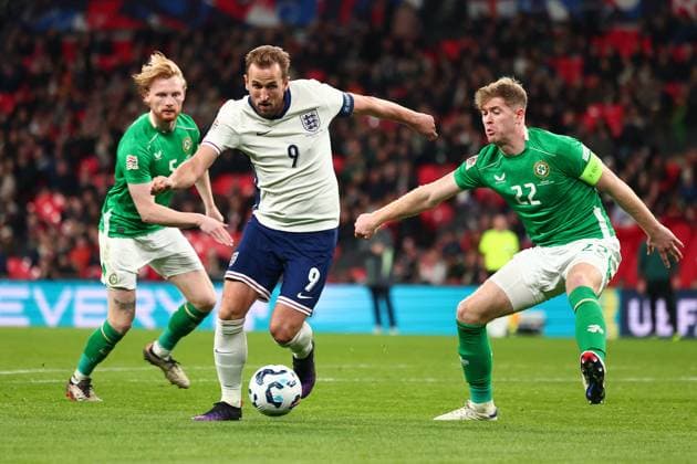 17th November 2024; Wembley Stadium, London, England; Nations League, League B, Group 2 International Football, England versus Republic of Ireland; Harry Kane of England takes on Nathan Collins of Republic of Ireland  ActionPlus12717041 ShaunxBrooks