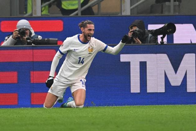 CALCIO - UEFA Nations League - Italy vs France Adrien Rabiot of France celebrating after a goal during the Group A2 - UEFA NATIONS LEAGUE 2024 match between Italy and France on 17 of November 2024 at Giuseppe Meazza San Siro Siro stadium in Milan, Italy. Milan Italy  Copyright: xIPAxSport ABACAx