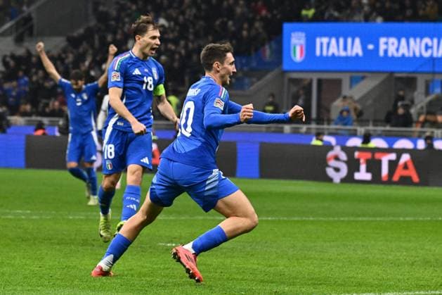 CALCIO - UEFA Nations League - Italy vs France Andrea Cambiaso (ITA) celebrates after scoring the gol of 1-2 during the UEFA Nations League Matchday 6 match between Italy and FRance at the San Siro Stadium on November 17, 2024 in Milan, Italy. Milan Italy  Copyright: xIPAxSport ABACAx