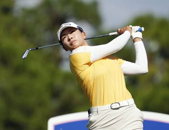 Golf: Annika tournament Hinako Shibuno of Japan hits off the ninth tee during the final round of the Annika golf tournament on Nov. 17, 2024, at Pelican Golf Club in Belleair, Florida.  A14AA0003751975P