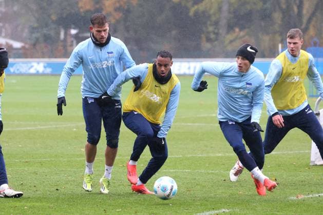 DEU, DFL, 2. FBL Hertha BSC, Training, 19.11.2024, Sportforum, Berlin, DEU, DFL, 2. FBL Hertha BSC, Training, im Bild Florian Niederlechner (Hertha BSC Berlin 7), Bilal Hussein (Hertha BSC Berlin 14), Palko Dardai (Hertha BSC Berlin 20) DFL - regulations prohibit any use of Photographs as image sequences and or quasi-video Foto: Juergen Engler nordphoto GmbH