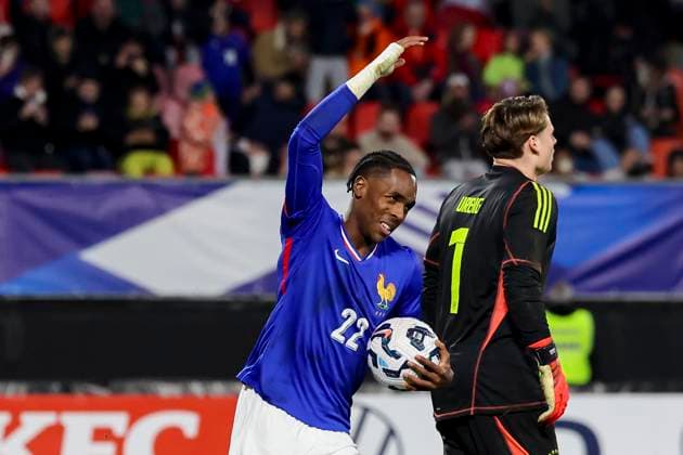 Mathys Tel (France) celebrates after scoring his teams first goal during the International Friendly, Länderspiel, Nationalmannschaft match between France U21, U 21 and Germany U21 at Stade du Hainaut on November 19, 2024 in Valenciennes, France. (Photo by Marco Steinbrenner DeFodi Images) not used in POL SRB CRO FRA GBR NED ITA USA Defodi-700_fra_ger_20241119_051