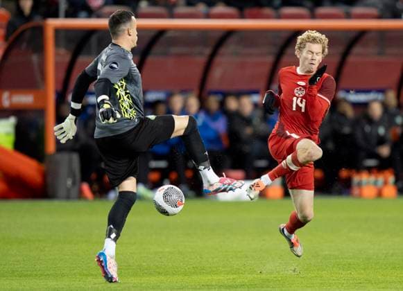 November 19, 2024, Toronto, On, CANADA: Canada forward Jacob Shaffelburg (14) puts the ball through the legs of Suriname keeper Etienne Vaessen on his way to scoring in CONCACAF Nations League action in Toronto, Tuesday, Nov. 19, 2024. Canada News - November 19, 2024  - ZUMAc35_ 20241119_zaf_c35_146 Copyright: xFrankxGunnx