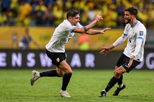 SALVADOR, BRAZIL - NOVEMBER 19: Federico Valverde of Uruguay celebrates after scoring a goal (0-1) during the World Cup Qualifying match between Brazil v Uruguay at Fonte Nova Arena Stadium on November 20, 2024 in Salvador, Brazil. (Richard Callis SPP)  Copyright: xRichardxCallisx xSPPx spp-en-RiCa-rmcallis1911240075