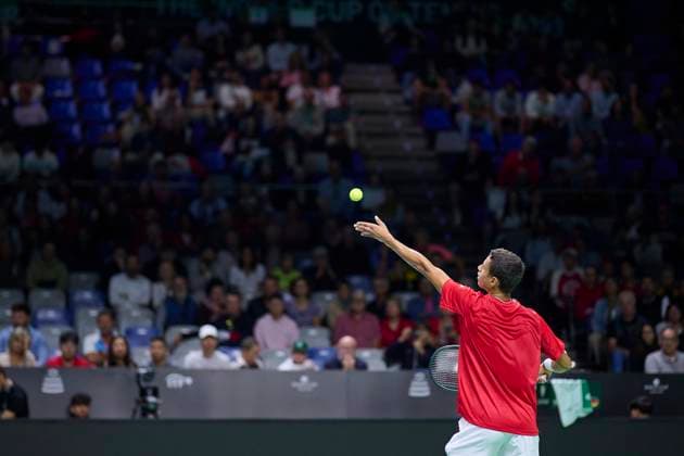 Quarter finals Davis Cup Final 8 singles match 1 Gabriel Diallo of Canada team in action against Daniel Altmaier of Germany team seen in action during the Quarter finals Davis Cup Final 8 singles match 1. Martin Carpena Arena. Malaga Martin Carpena Arena Malaga Spain Copyright: xCESARxMARCHx