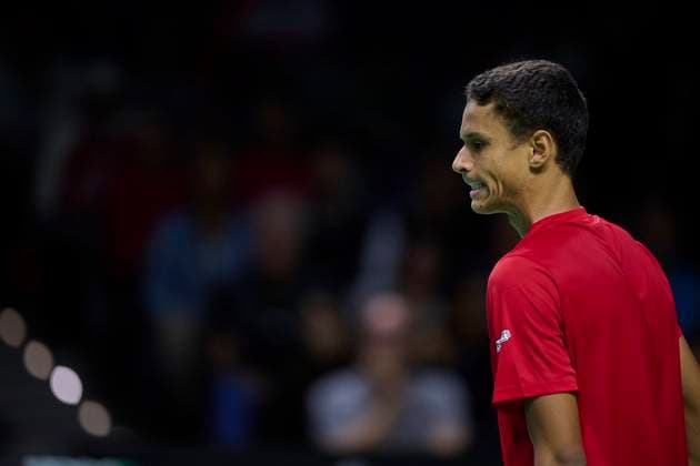 Quarter finals Davis Cup Final 8 singles match 1 Gabriel Diallo of Canada team in action against Daniel Altmaier of Germany team seen in action during the Quarter finals Davis Cup Final 8 singles match 1. Martin Carpena Arena. Malaga Martin Carpena Arena Malaga Spain Copyright: xCESARxMARCHx