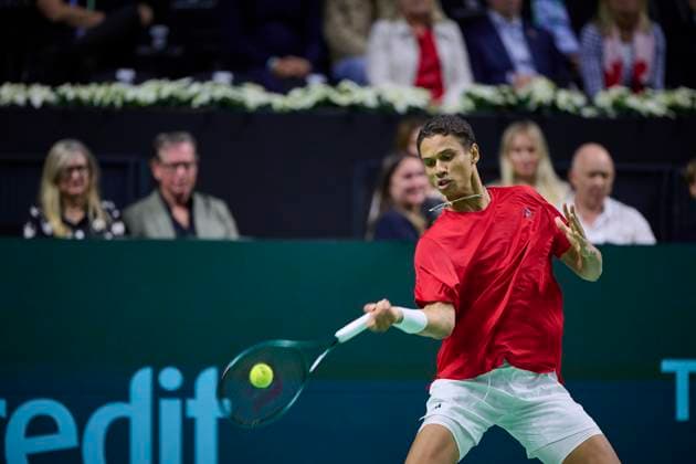 Quarter finals Davis Cup Final 8 singles match 1 Gabriel Diallo of Canada team in action against Daniel Altmaier of Germany team seen in action during the Quarter finals Davis Cup Final 8 singles match 1. Martin Carpena Arena. Malaga Martin Carpena Arena Malaga Spain Copyright: xCESARxMARCHx