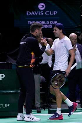Davis Cup Final - Germany v Canada Quarter-Final MALAGA, SPAIN - NOVEMBER 20: Daniel Altmaier of Team Germany celebrates the victory with his Captain after his singles match against Gabriel Diallo of Team Canada during the Quarter-Final tie between Germany and Canada during the Davis Cup Final at Palacio de Deportes Jose Maria Martin Carpena on November 19, 2024 in Malaga, Spain. Malaga Spain  Copyright: xJosexBretonx originalFilename:bretonhernandez-daviscup241120_npM6w.jpg