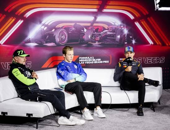 LAS VEGAS - Valtteri Bottas (Kick Sauber), Liam Lawson (RB) and Lando Norris (McLaren) during a press conference, PK, Pressekonferenz ahead of the Las Vegas Grand Prix. ANP SEM VAN DER WAL xVIxANPxSportx xxANPxIVx 513928279 originalFilename: 513928279.jpg