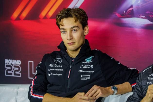 Formel 1 GP Las Vegas USA. Donnerstag, 21.11.2024 George Russell 63, Mercedes-AMG Petronas F1 Team in der Pressekonferenz; Formel 1 GP Las Vegas USA. Donnerstag, 21.11.2024 Copyright: xBEAUTIFULxSPORTS Erlhofx