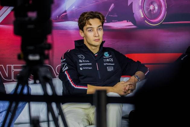 Formel 1 GP Las Vegas USA. Donnerstag, 21.11.2024 George Russell 63, Mercedes-AMG Petronas F1 Team in der Pressekonferenz; Formel 1 GP Las Vegas USA. Donnerstag, 21.11.2024 Copyright: xBEAUTIFULxSPORTS Erlhofx