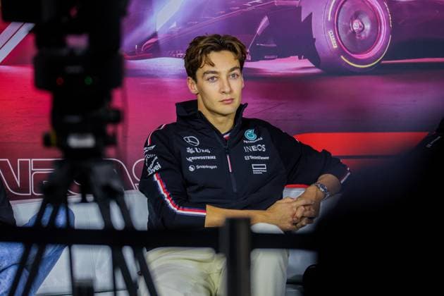 Formel 1 GP Las Vegas USA. Donnerstag, 21.11.2024 George Russell 63, Mercedes-AMG Petronas F1 Team in der Pressekonferenz; Formel 1 GP Las Vegas USA. Donnerstag, 21.11.2024 Copyright: xBEAUTIFULxSPORTS Erlhofx