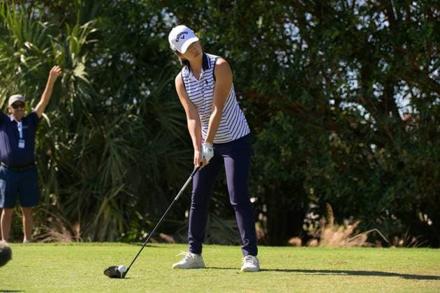 NAPLES, FL - NOVEMBER 21: LPGA, Golf Damen golfer Andrea Lee, California, plays her shot during the CME Group Tour Championship on November 21, 2024, at Tiburon Golf Club in Naples, FL. (Photo by Michele Eve Sandberg Icon Sportswire) GOLF: NOV 21 LPGA CME Group Tour Championship EDITORIAL USE ONLY Icon2411211516