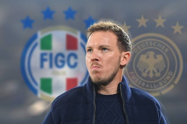 FOTOMONTAGE: Auslosung Viertelfinale der Fussball Nationsleague: Deutschland trifft auf Italien. Bundestrainer Julian NAGELSMANN (GER), Einzelbild,angeschnittenes Einzelmotiv,Portraet,Portrait,PortrÅ t. Fussball UEFA Nations League,