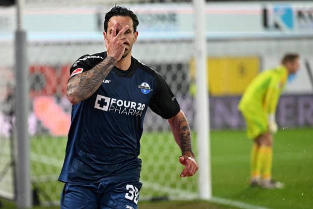 Paderborn, Home Deluxe Arena, 22.11.24, GER, Herren, 2.Bundesliga, Saison 2024-2025, SC Paderborn 07 - 1.FC Nuernberg Bild: Adriano GRIMALDI (Paderborn) jubelt nach seinem Tor zum 1:0 Only for editorial use! DFL regulations prohibit any use of photographs as image sequences and or quasi-video. NRW Deutschland