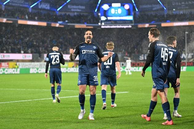 Paderborn, Home Deluxe Arena, 22.11.24, GER, Herren, 2.Bundesliga, Saison 2024-2025, SC Paderborn 07 - 1.FC Nuernberg Bild: Adriano GRIMALDI (Paderborn) jubelt nach seinem Tor zum 1:0 Only for editorial use! DFL regulations prohibit any use of photographs as image sequences and or quasi-video. NRW Deutschland