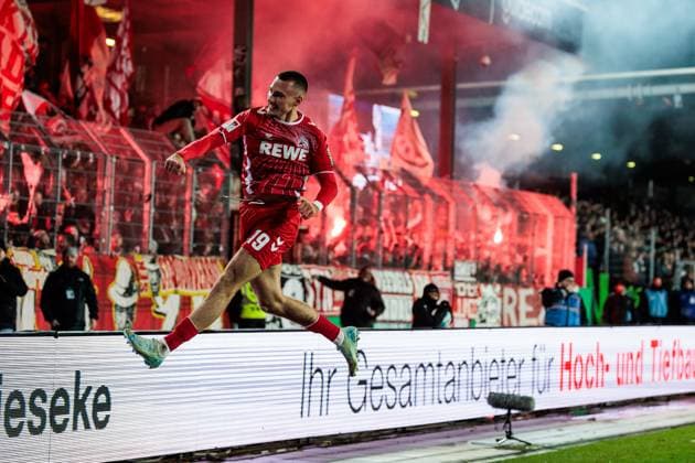2. Fussball Bundesliga, Preußen Münster - 1. FC Köln; 22.11.2024 Jubel zum 0:1 durch Tim Lemperle (1. FC Köln, 19) 2. Fussball Bundesliga, Preußen Münster - 1. FC Köln, Münster, Preussenstadion am 22.11.2024 DFL REGULATIONS PROHIBIT ANY USE OF PHOTOGRAPHS AS IMAGE SEQUENCES AND OR QUASI-VIDEO.