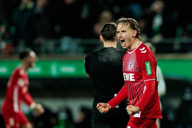 2. Fussball Bundesliga, Preußen Münster - 1. FC Köln; 22.11.2024 Mathias Olesen (1. FC Köln, 47) jubelt nach Sieg 2. Fussball Bundesliga, Preußen Münster - 1. FC Köln, Münster, Preussenstadion am 22.11.2024 DFL REGULATIONS PROHIBIT ANY USE OF PHOTOGRAPHS AS IMAGE SEQUENCES AND OR QUASI-VIDEO.