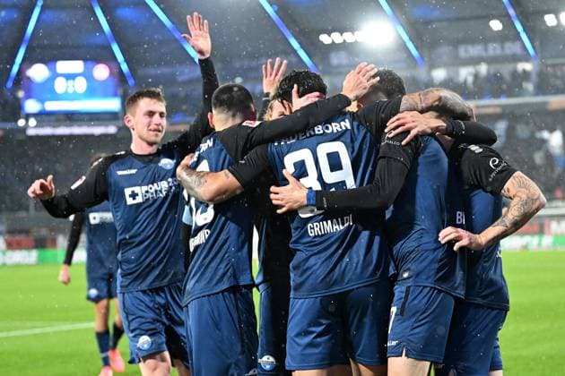 Paderborn, Home Deluxe Arena, 22.11.24, GER, Herren, 2.Bundesliga, Saison 2024-2025, SC Paderborn 07 - 1.FC Nuernberg Bild: Adriano GRIMALDI (Paderborn) jubelt nach seinem Tor zum 1:0 Only for editorial use! DFL regulations prohibit any use of photographs as image sequences and or quasi-video. NRW Deutschland