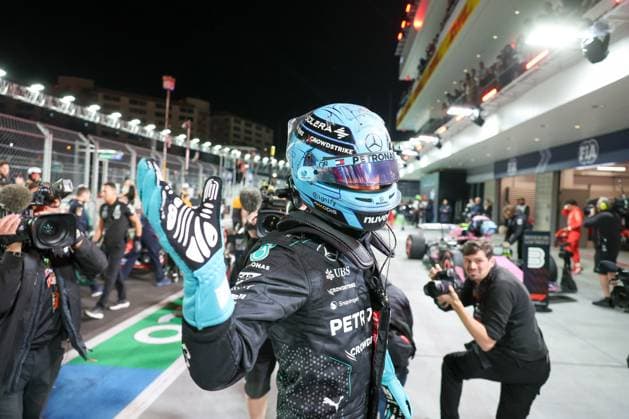 Winner des Qualifying, Poleposition, George Russell (Mercedes-AMG), Grosser Preis von Las Vegas, Motorsport, Herren, Formel 1, Qualifying, 22.11.2024 Las Vegas Nevada USA