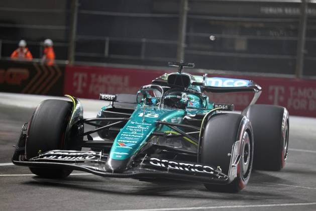 LAS VEGAS, NV - NOVEMBER 22: Lance Stroll (18) Aston Martin Aramco F1 Team in action during qualifying for the F1 Heineken Silver Las Vegas Grand Prix on Friday, Nov. 22, 2024, at the Las Vegas Street Circuit in Las Vegas, Nevada. (Photo by Marc Sanchez Icon Sportswire) AUTO: NOV 22 F1 Heineken Silver Las Vegas Grand Prix EDITORIAL USE ONLY Icon14424112242741