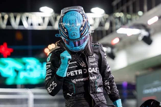 22nd November 2024; Las Vegas, Nevada, USA. F1 Las Vegas Grand Prix; Qualifying Day; George Russell (63) of United Kingdom and team Mercedes-AMG Petronas F1 Team celebrates taking pole during qualifying  ActionPlus12718155 BobxKupbens