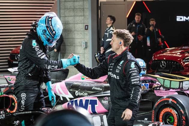 Poleposition für George Russell (UK, Mercedes AMG Petronas F1 Team 63) USA, Formel 1 Weltmeisterschaft, Grand Prix von Las Vegas, Las Vegas Strip Circuit, 22.11.2024 USA, Formel 1 Weltmeisterschaft, Grand Prix von Las Vegas, Las Vegas Strip Circuit, 22.11.2024 Las Vegas Copyright: xEibner-Pressefoto ThomasxFuesslerx EP_TFR